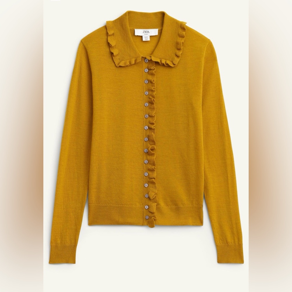 EUC - Zara mustard wool cardigan with ruffles - size L